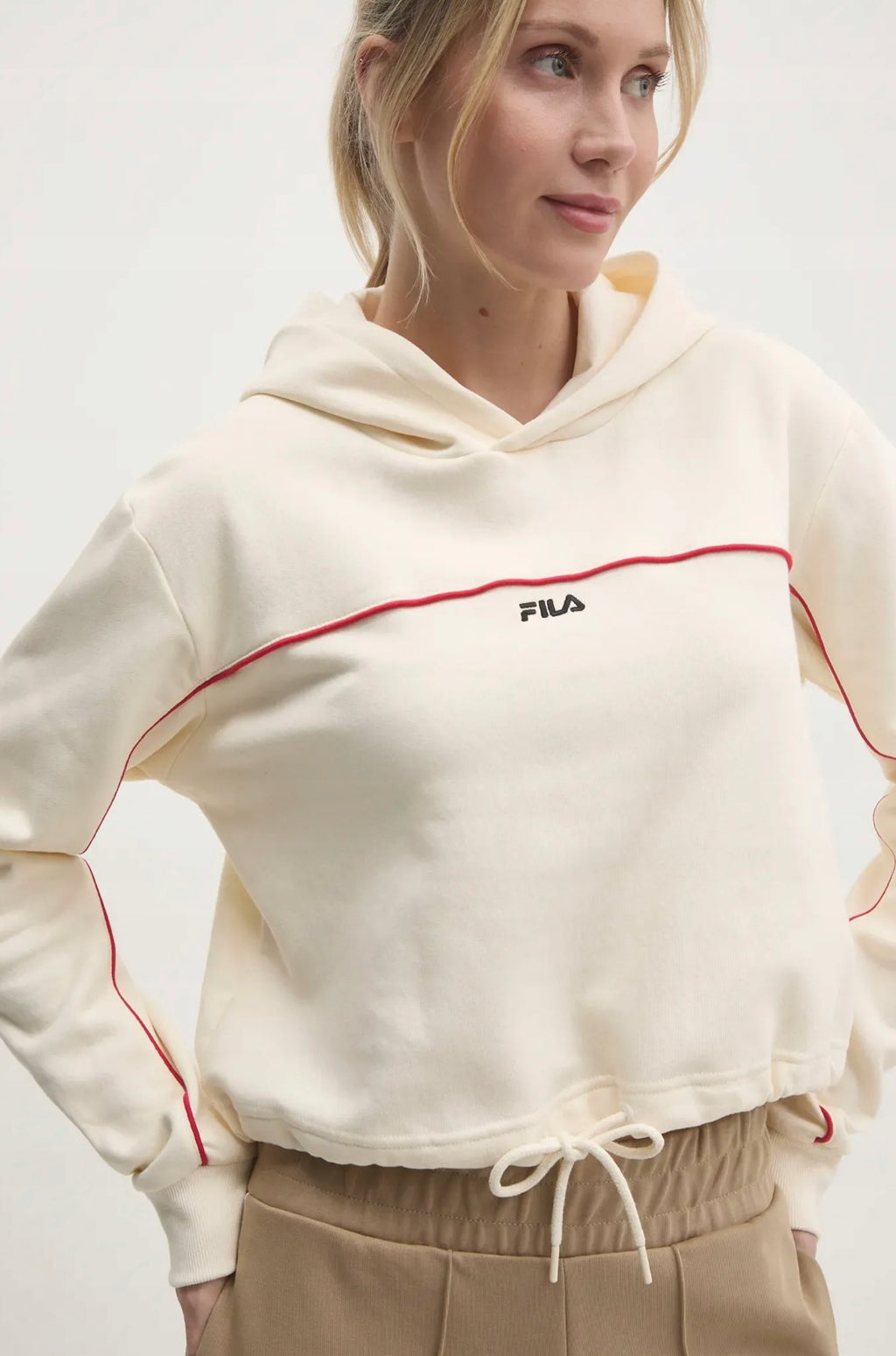 FILA Beżowa Bluza Damska z Kapturem Krótka ze Ściagaczem w Pasie Laggna r.M