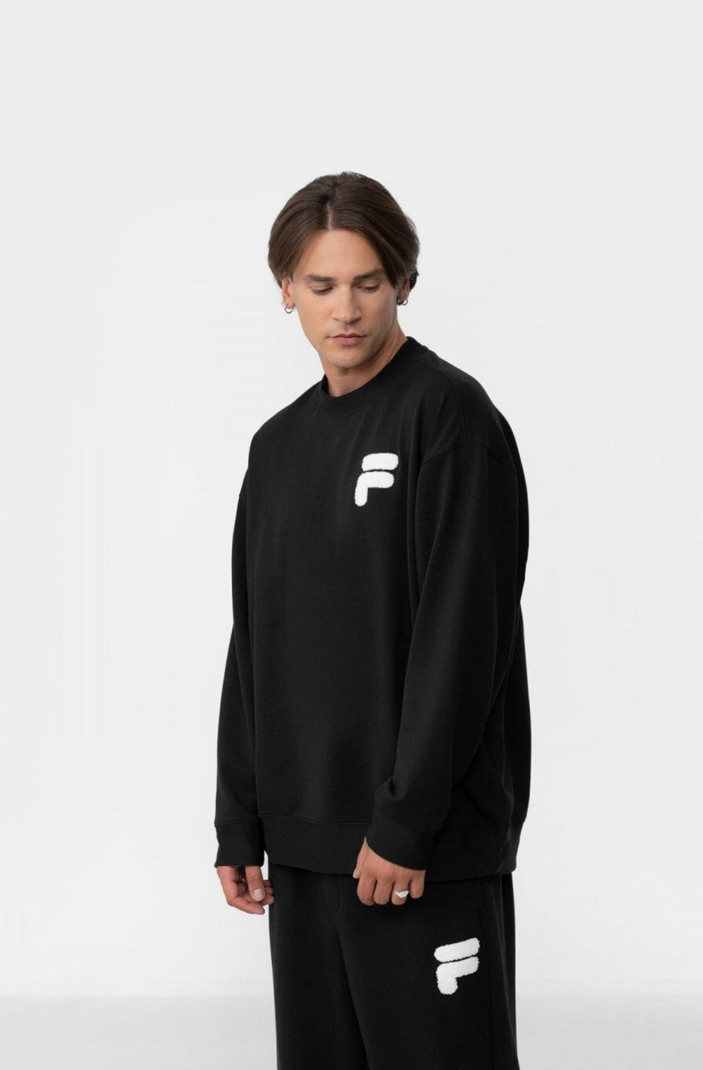 Fila Czarna Bluza Męska Przez Głowę Bez Kaptura Nadruk Logo Oversize r.L