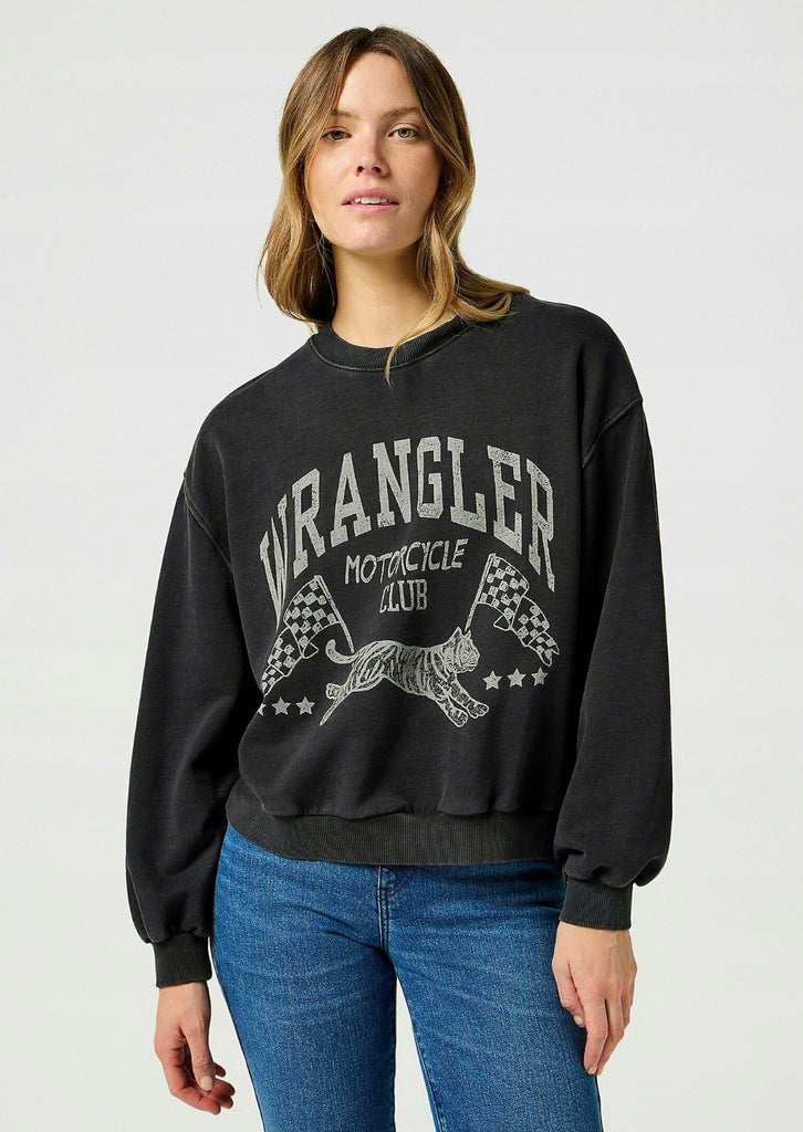 Wrangler Szara Bluza Damska Przez Głowę Długi Rękaw Loose Fit Nadruk