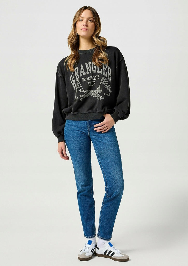 Wrangler Szara Bluza Damska Przez Głowę Długi Rękaw Loose Fit Nadruk