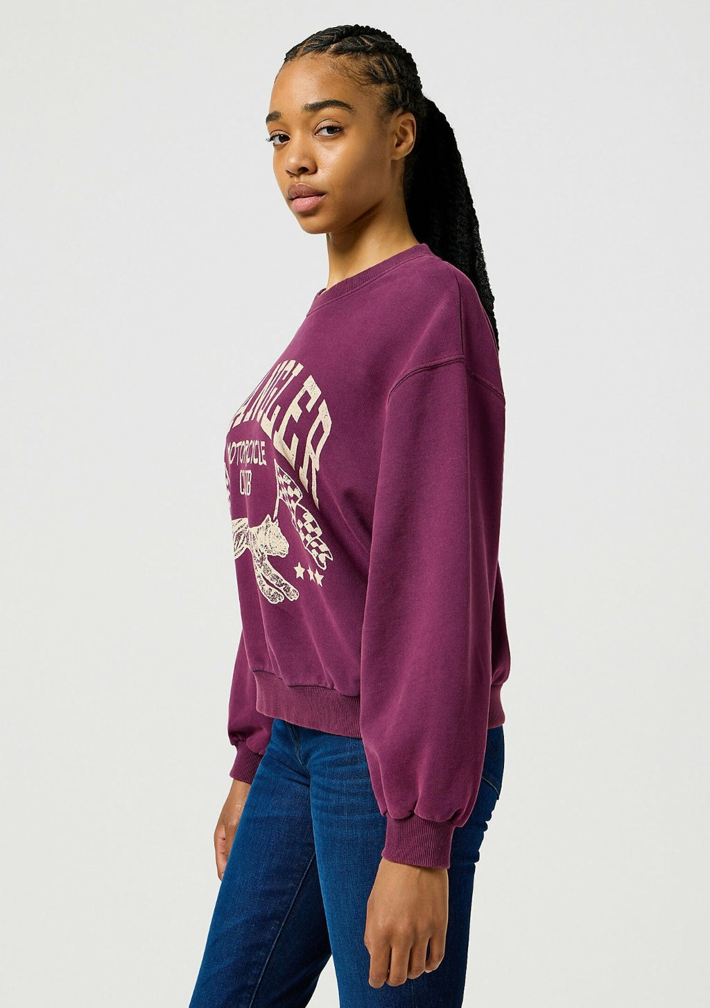 Wrangler Fioletowa Bluza Damska Przez Głowę Loose Fit Długi Rękaw Nadruk XS
