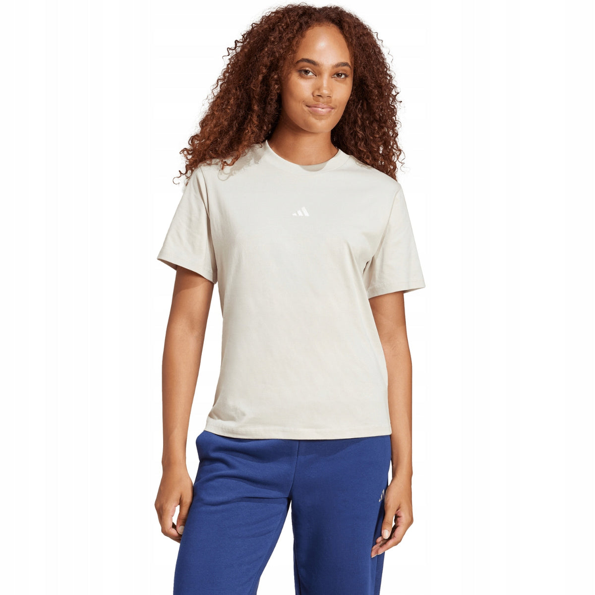 Adidas Beżowa Bluzka Damska T-shirt na Krótki Rękaw Logo Haft JI6079
