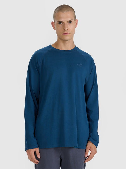 4F Granatowy Longsleeve Bluzka na Długi Rękaw Gładka Nadruk Logo Oversize