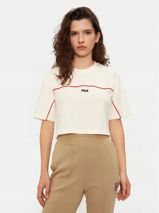 FILA Beżowa Bluzka Damska Krótki T-shirt na Krótki Rękaw Logo Haft Loobu L