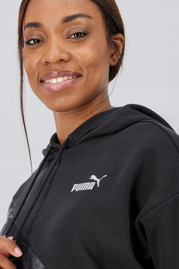 Puma Czarna Bluza Damska z Kapturem Krótka Przez Głowę Hoodie