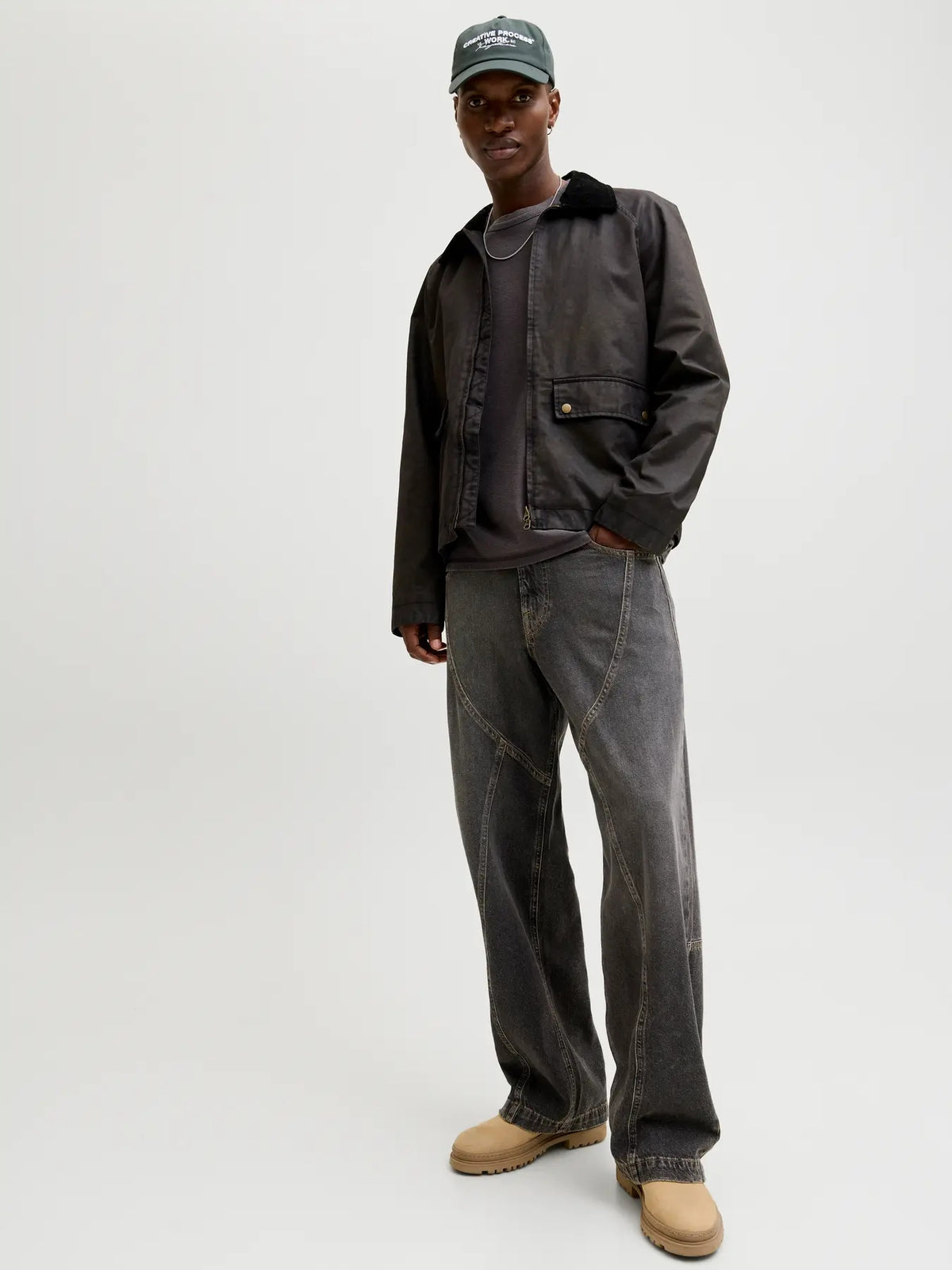 Spodnie Jeans Męskie Jack&Jones Szare Szeroka Nogawka z Przeszyciami SQ