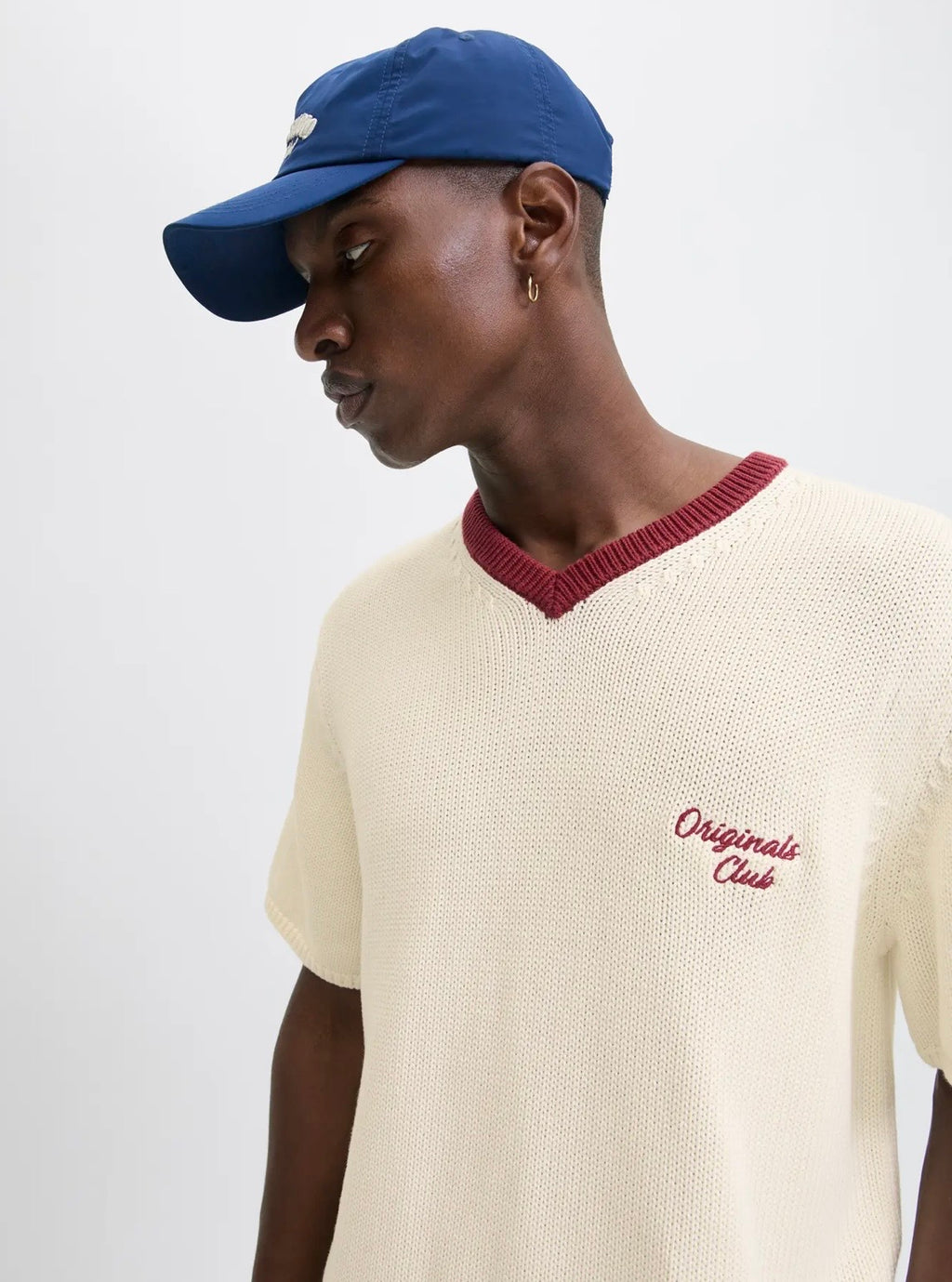 Jack&Jones Kremowy Sweterek z Dzianiny Męski na Krótki Rękaw Dekolt V