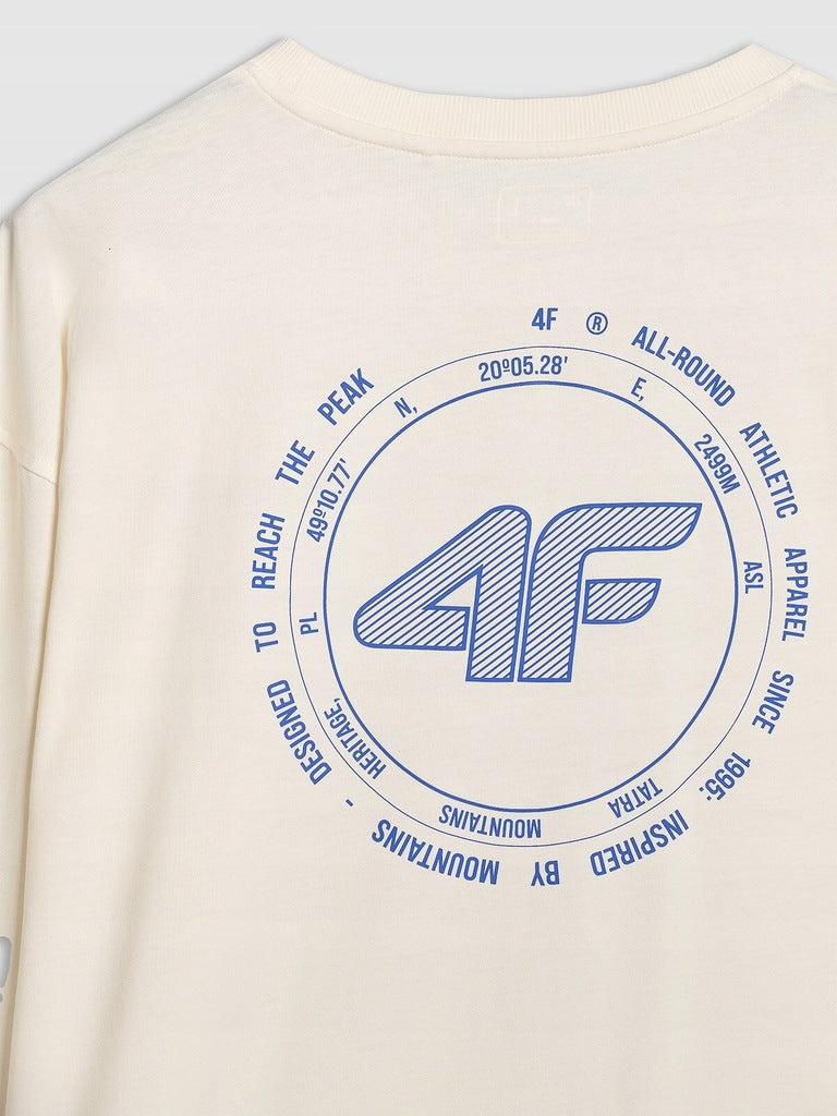4F Kremowa Bluzka Męska Długi Rękaw z Nadrukiem Longsleeve Oversize