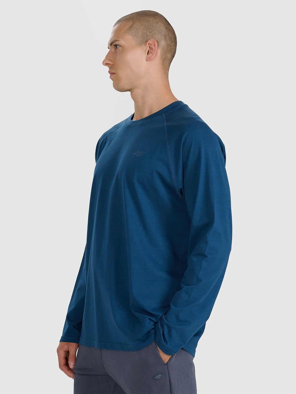 4F Granatowy Longsleeve Bluzka na Długi Rękaw Gładka Nadruk Logo Oversize