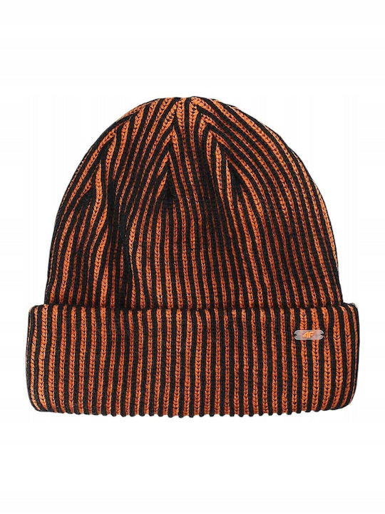 4F Pomarańczowa Czapka Męska Zimowa w Paski Logo Beanie One Size Ocieplana