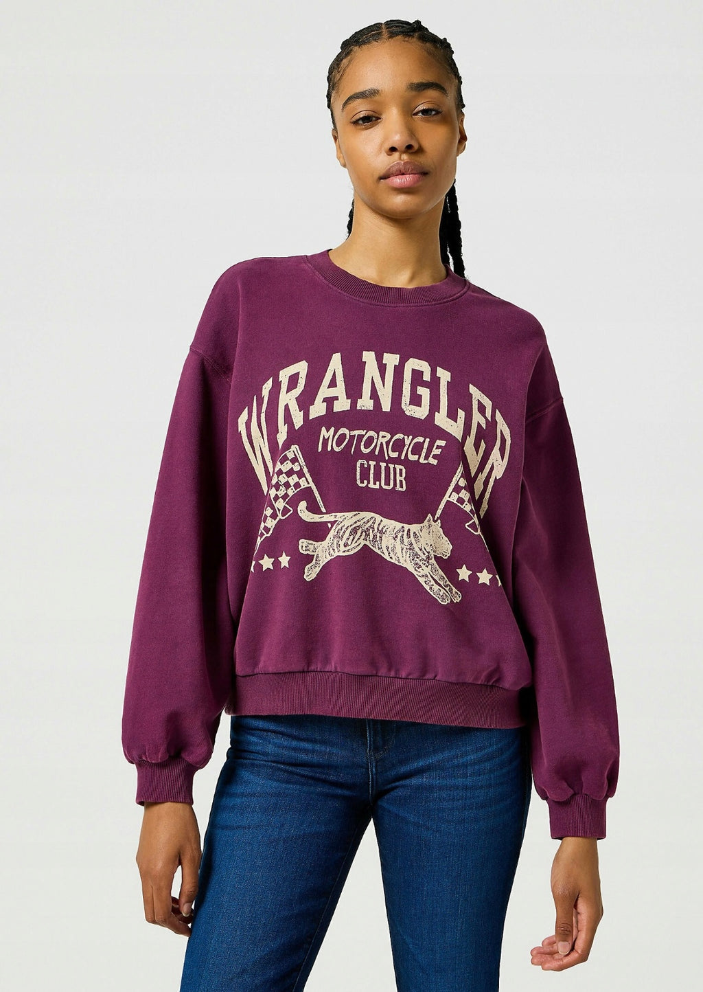 Wrangler Fioletowa Bluza Damska Przez Głowę Loose Fit Długi Rękaw Nadruk XS