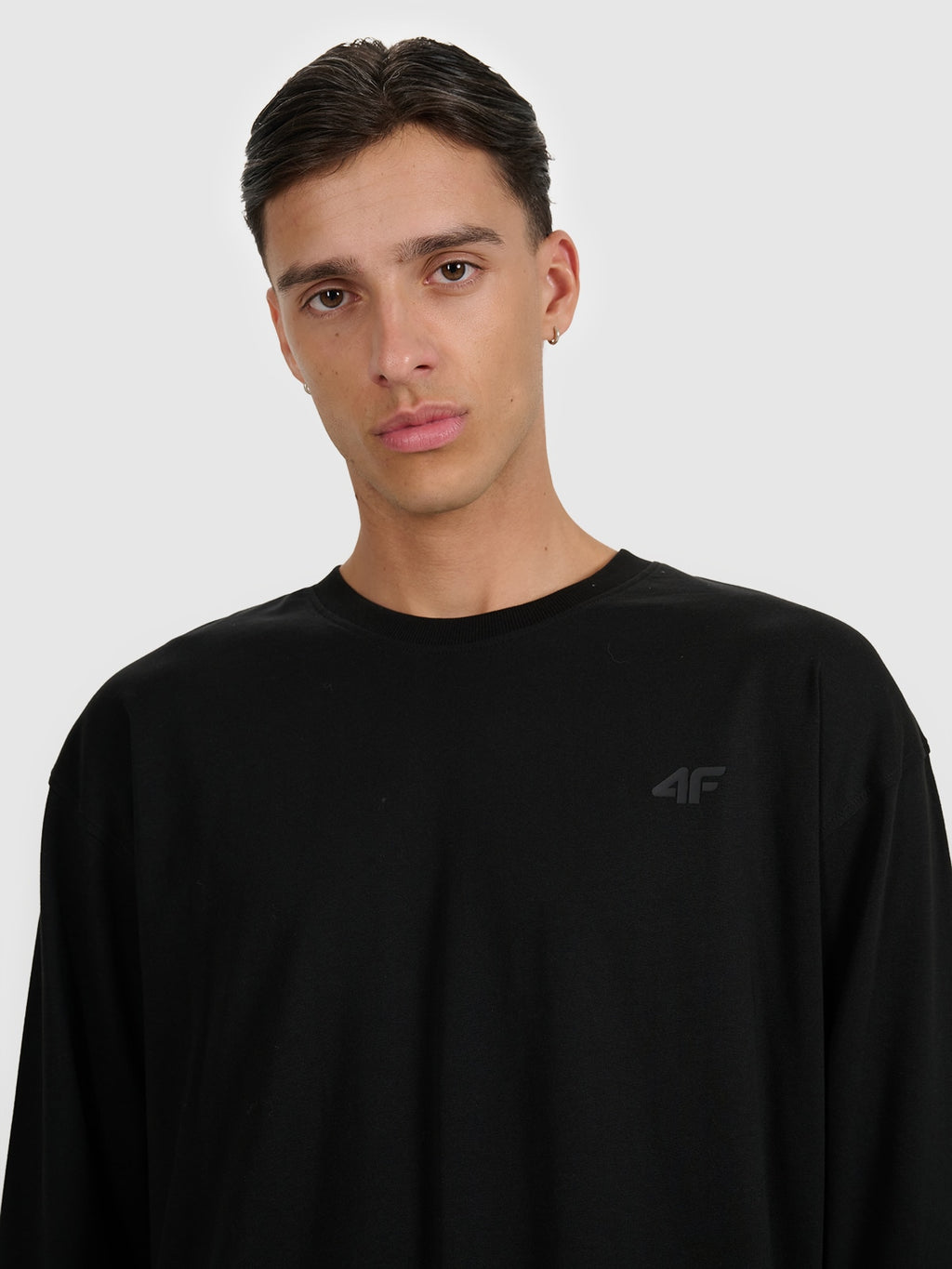 4F Czarna Bluzka na Długi Rękaw Męska z Nadrukiem Longsleeve Oversize