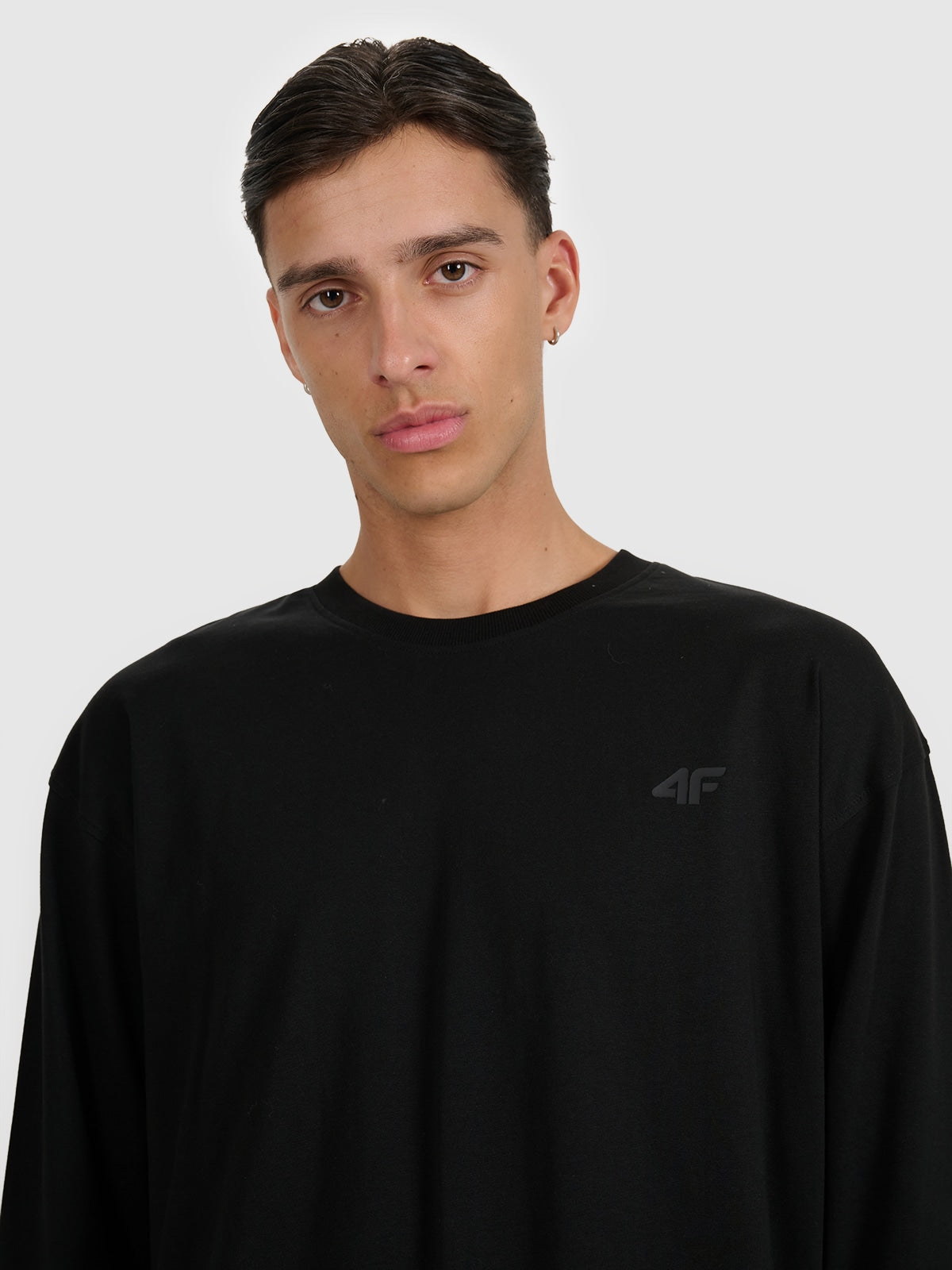 4F Czarna Bluzka na Długi Rękaw Męska z Nadrukiem Longsleeve Oversize
