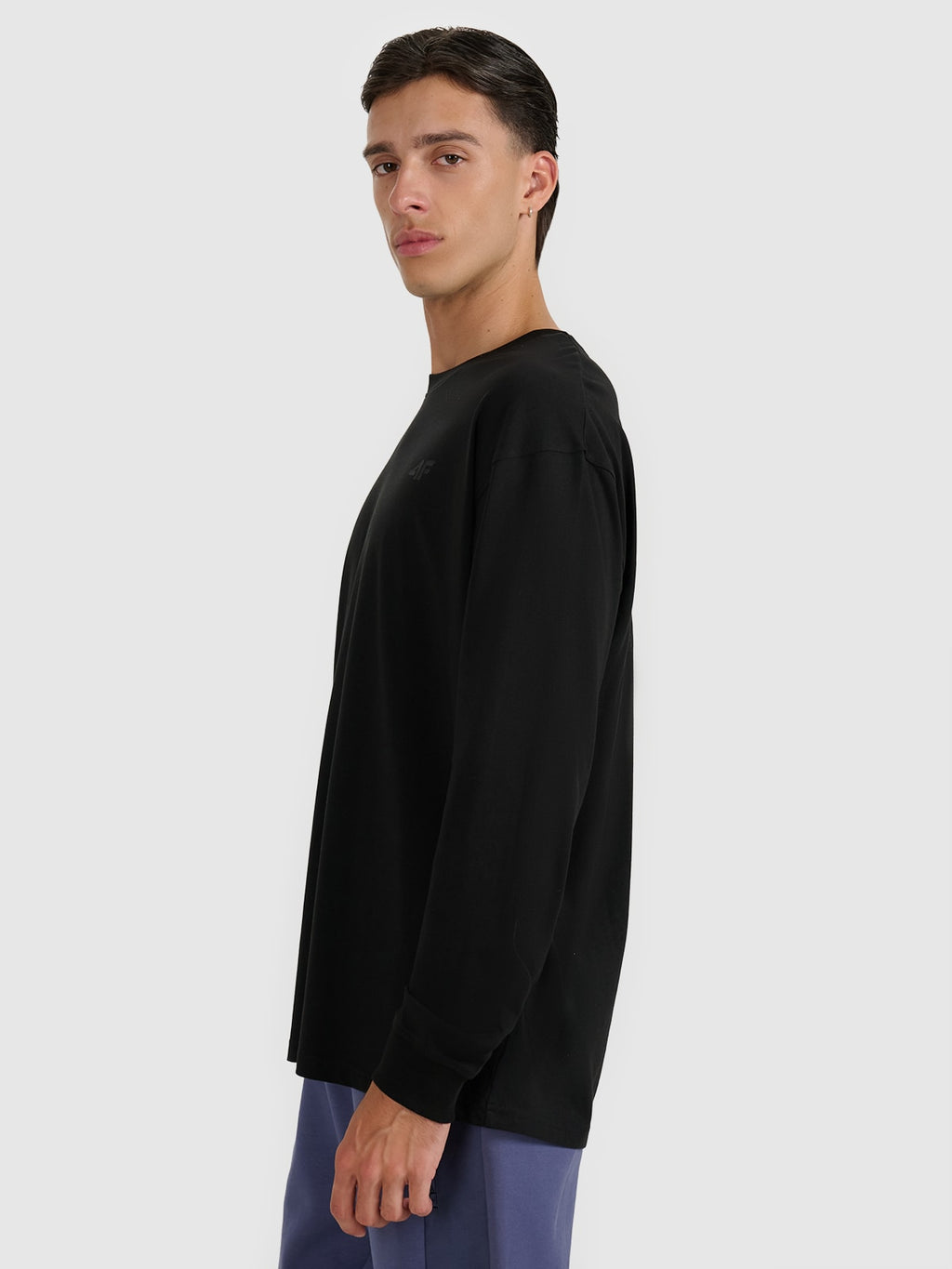 4F Czarna Bluzka na Długi Rękaw Męska z Nadrukiem Longsleeve Oversize