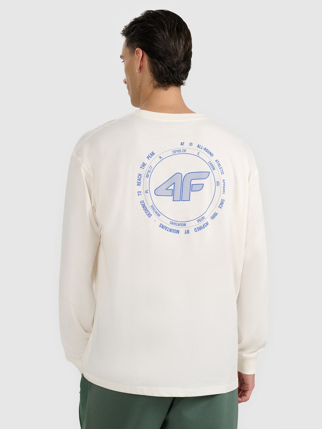 4F Kremowa Bluzka Męska Długi Rękaw z Nadrukiem Longsleeve Oversize