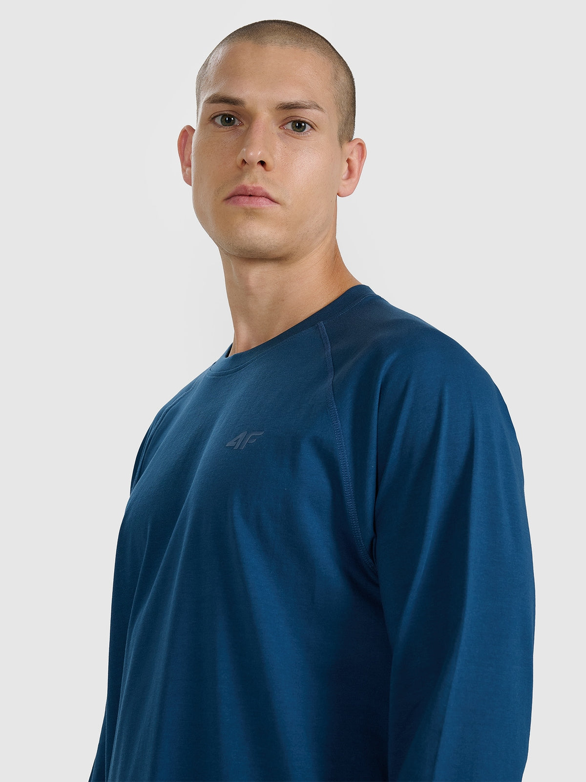 4F Granatowy Longsleeve Bluzka na Długi Rękaw Gładka Nadruk Logo Oversize