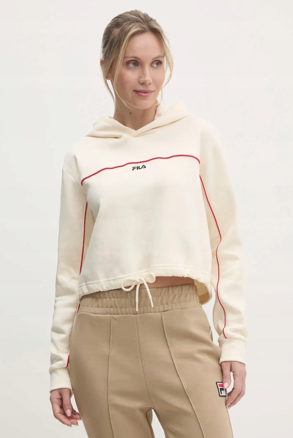 FILA Beżowa Bluza Damska z Kapturem Krótka ze Ściagaczem w Pasie Laggna r.M