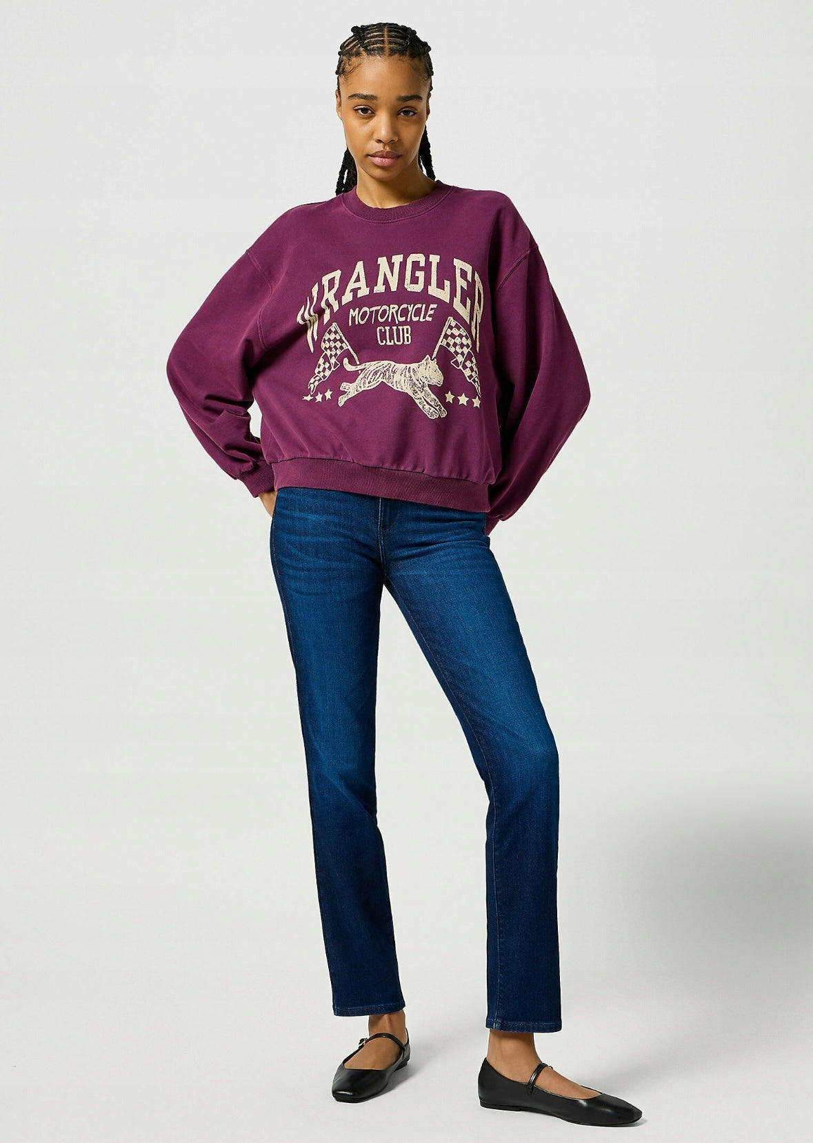 Wrangler Fioletowa Bluza Damska Przez Głowę Loose Fit Długi Rękaw Nadruk XS