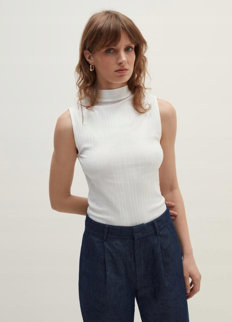 Stefanel Biała Bluzka Damska Top Bez Rękawów Półgolf Elastyczny Casual r.XL