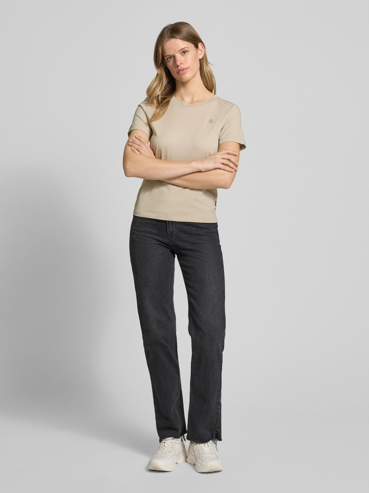 G-star Raw Beżowa Bluzka Damska T-shirt na Krótki Rękaw Logo Haft r.S