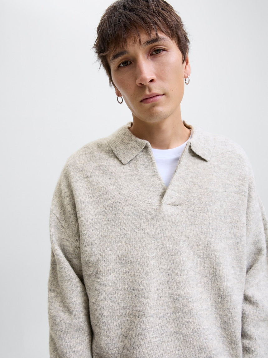 Jack&Jones Szary Sweter Męski z Kołnierzykiem Dekolt V Przez Głowę Ciepły