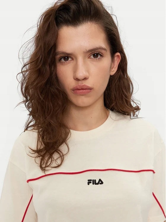 FILA Beżowa Bluzka Damska Krótki T-shirt na Krótki Rękaw Logo Haft Loobu L