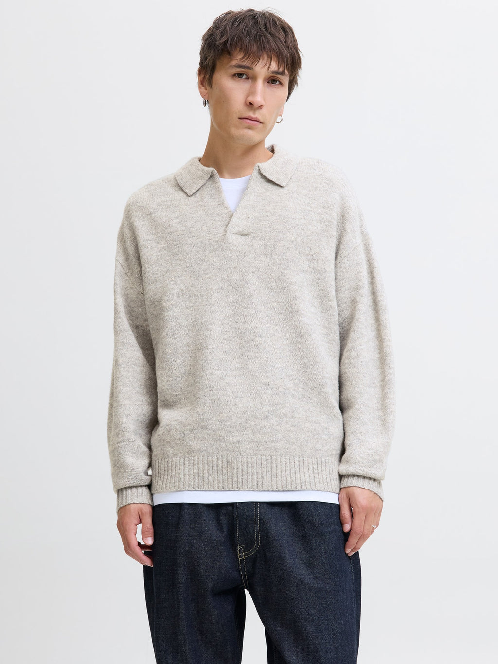 Jack&Jones Szary Sweter Męski z Kołnierzykiem Dekolt V Przez Głowę Ciepły