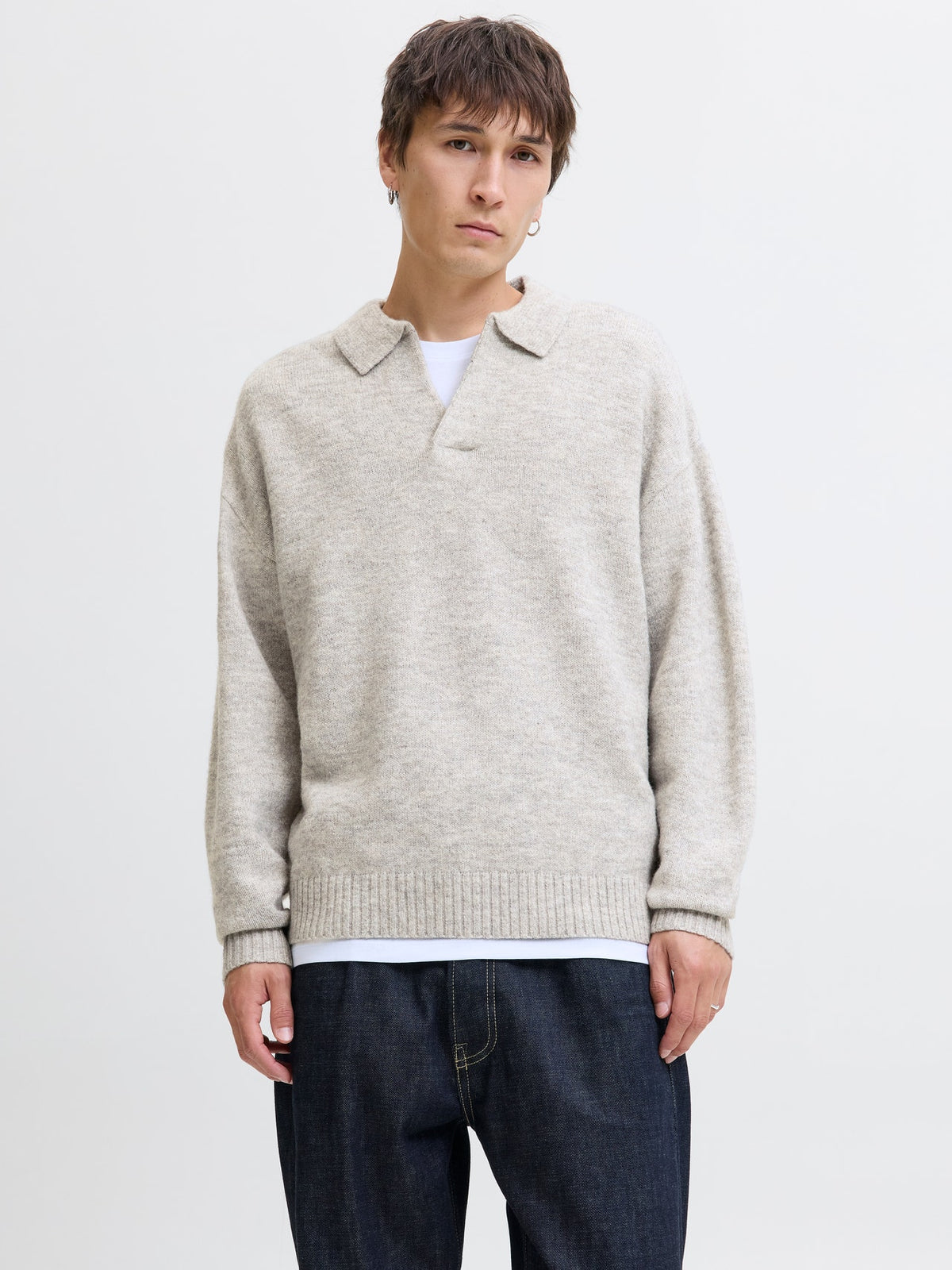 Jack&Jones Szary Sweter Męski z Kołnierzykiem Dekolt V Przez Głowę Ciepły