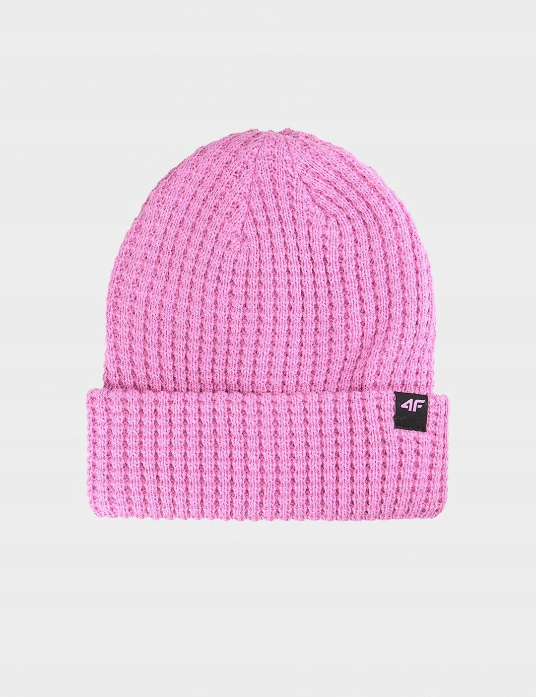 4F Różowa Czapka Damska Zimowa Beanie Ciepła One Size Dzianinowa Naszywka