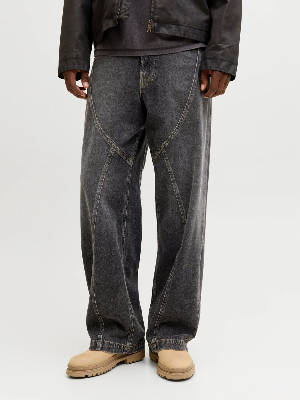 Spodnie Jeans Męskie Jack&Jones Szare Szeroka Nogawka z Przeszyciami SQ