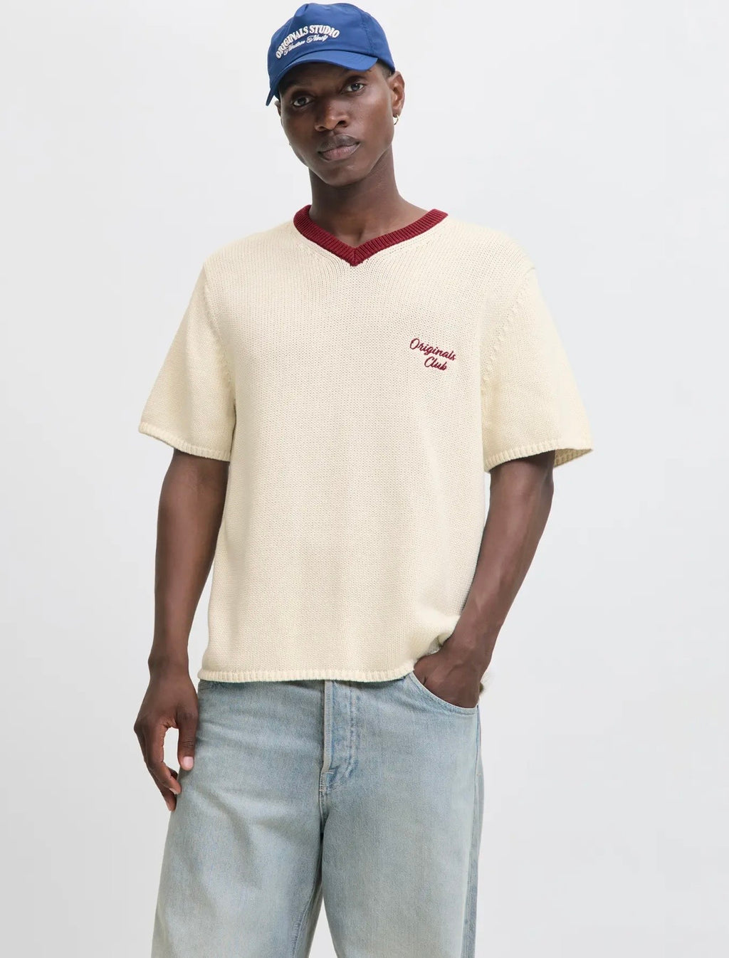 Jack&Jones Kremowy Sweterek z Dzianiny Męski na Krótki Rękaw Dekolt V