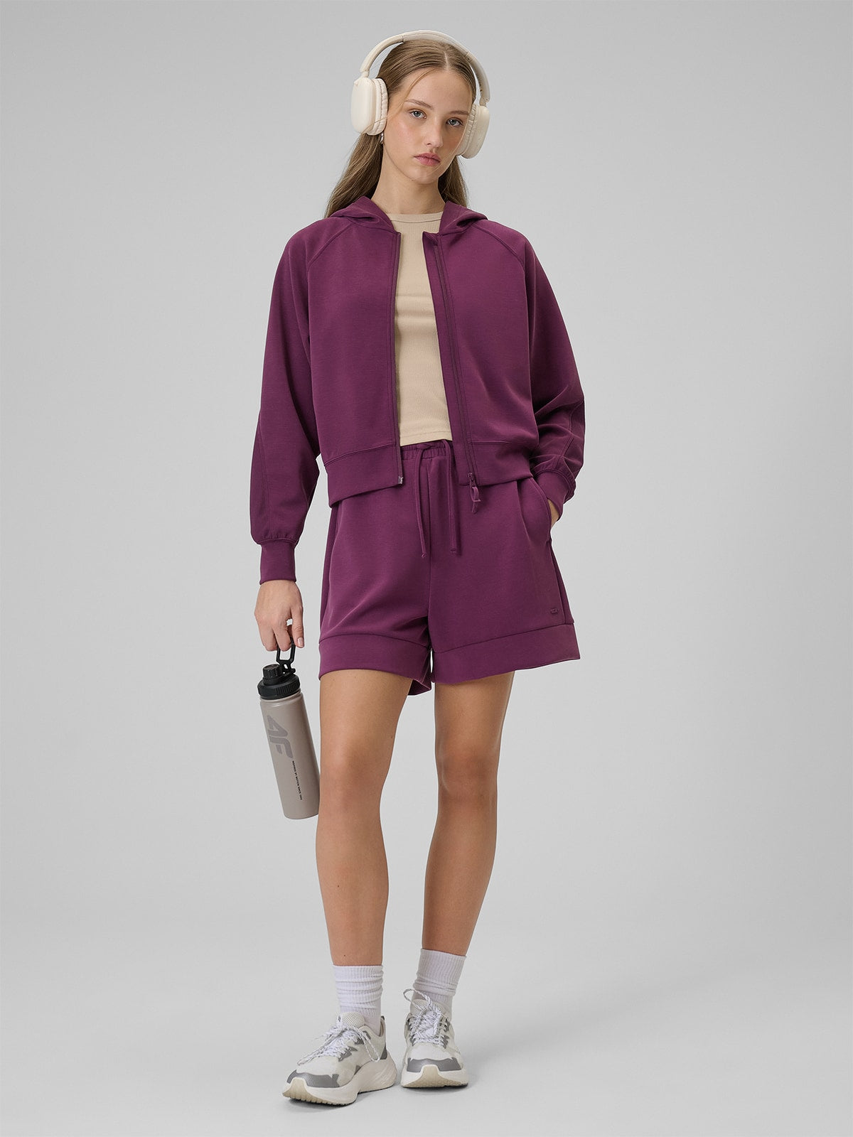 Bluza Damska 4F 4FWSS26TSWSF2178 Dresowa Z Kapturem Fiolet Rozpinana